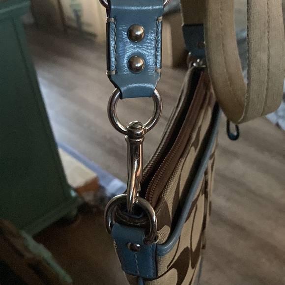 Cute authentic Coach cross body 2 tone with coach brown monogram and blue. - Picture 3 of 11